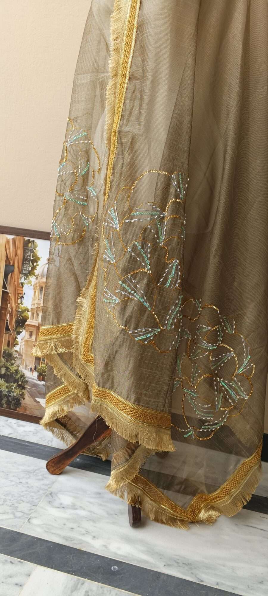 Dupatta Noor-e-Zar Embellished Organza Dupatta – Taupe Gold