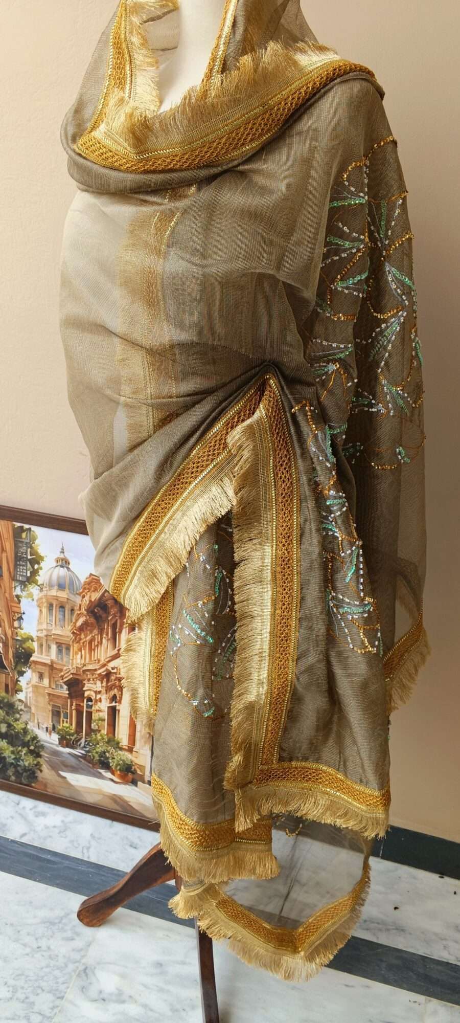 Dupatta Noor-e-Zar Embellished Organza Dupatta – Taupe Gold