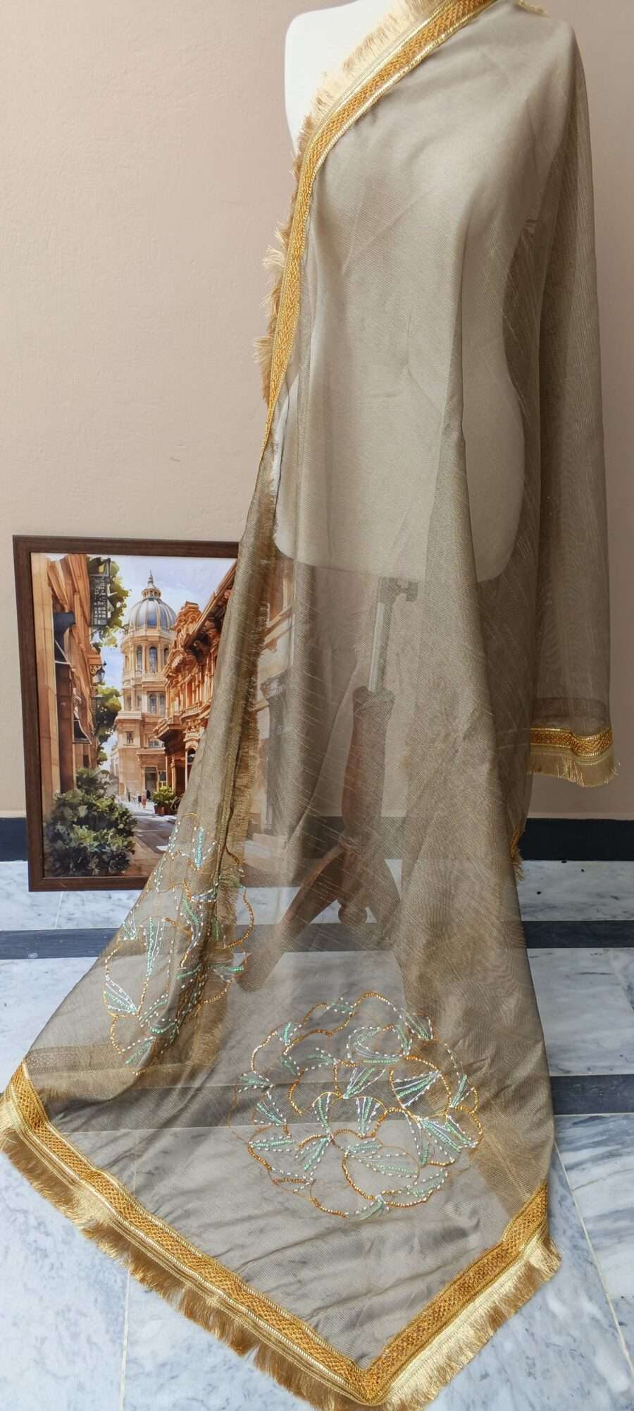 Dupatta Noor-e-Zar Embellished Organza Dupatta – Taupe Gold