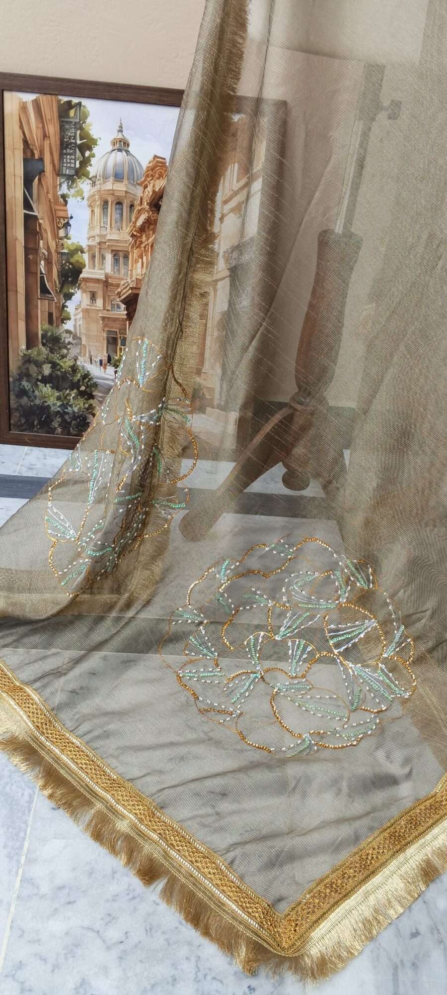 Dupatta Noor-e-Zar Embellished Organza Dupatta – Taupe Gold