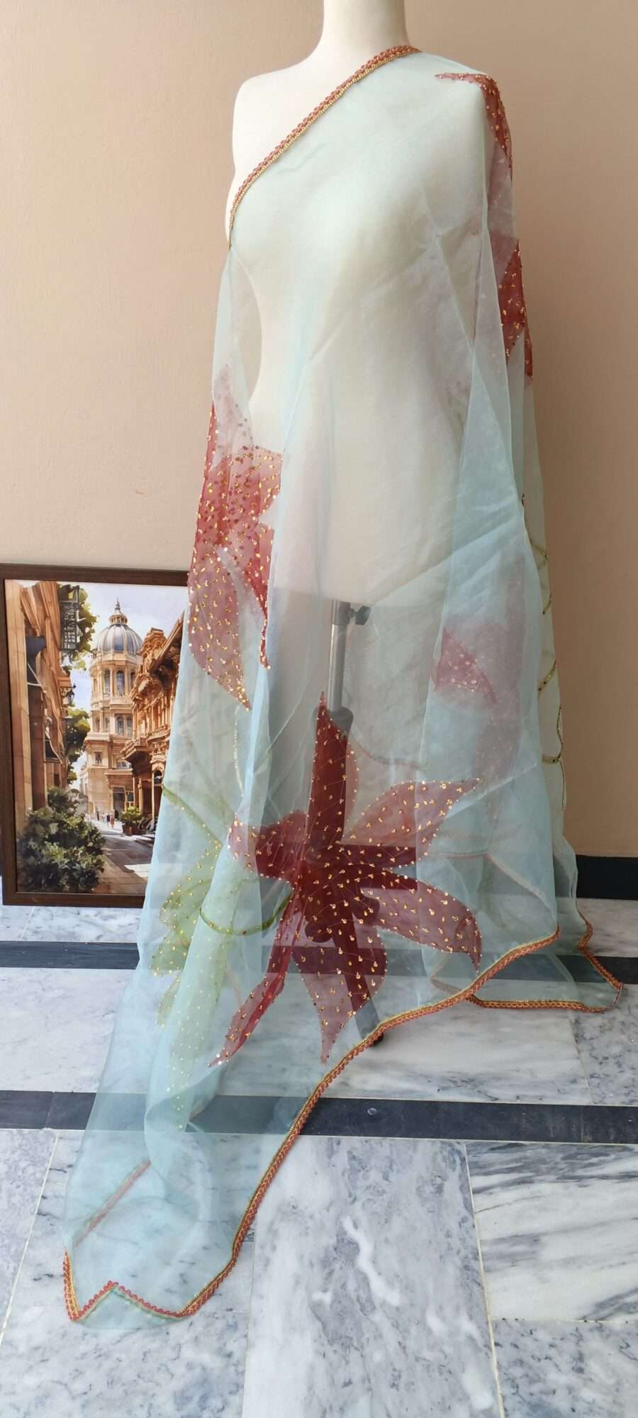 Mint Blossom Luxury Organza Dupatta