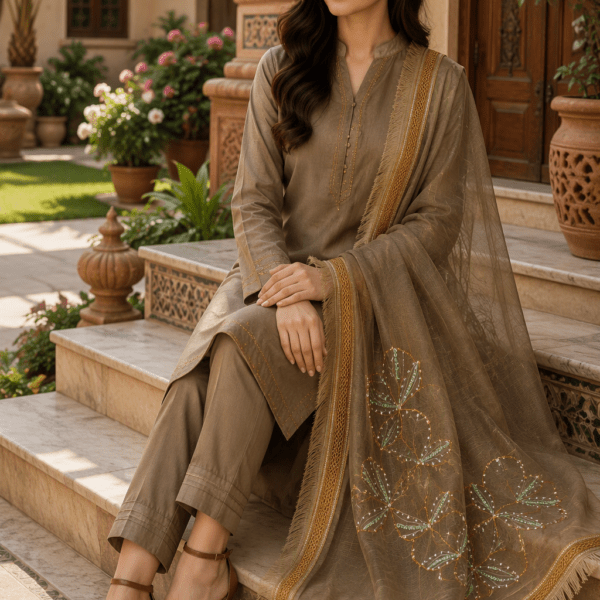 Paint Outfit Studio Noor-e-Zar Embellished Organza Dupatta – Taupe Gold