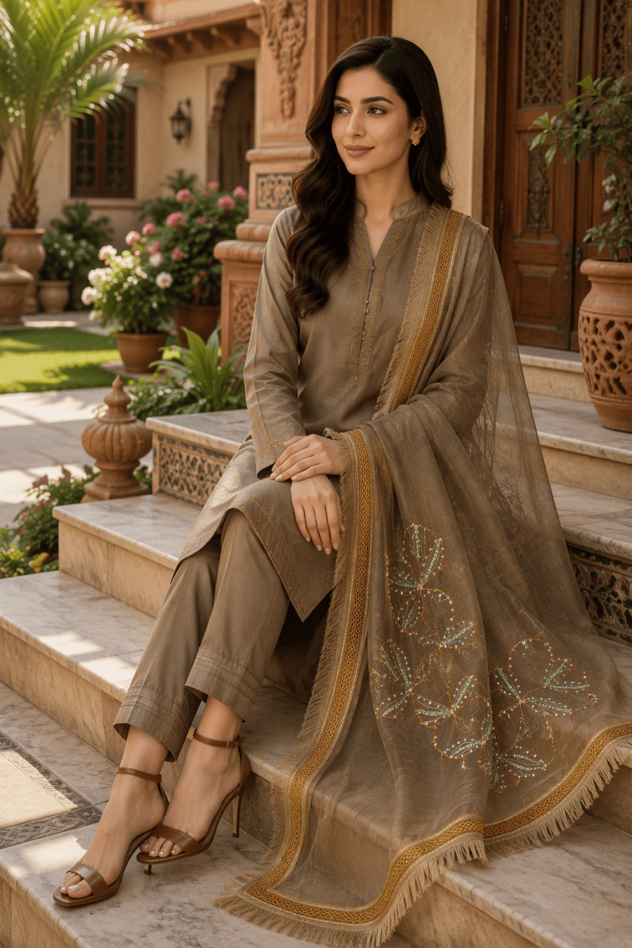 Paint Outfit Studio Noor-e-Zar Embellished Organza Dupatta – Taupe Gold